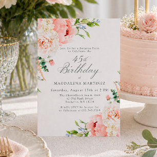 Invitación FESTA SORPRESA Cumpleaños 45 Feminino Floral Rosa
