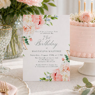 Invitación FESTA SORPRESA Cumpleaños 75 Femenino Floral Rosa