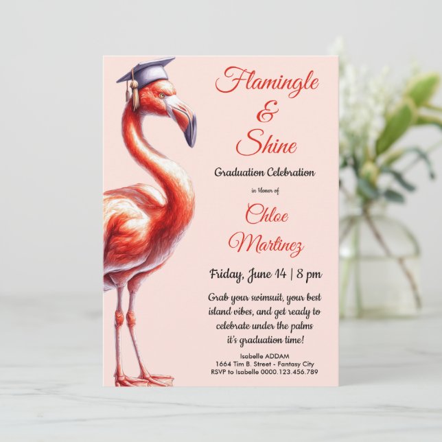 Invitación ¡Festeja y Celebre! Fiesta de Graduación de Flamen (Anverso de pie)