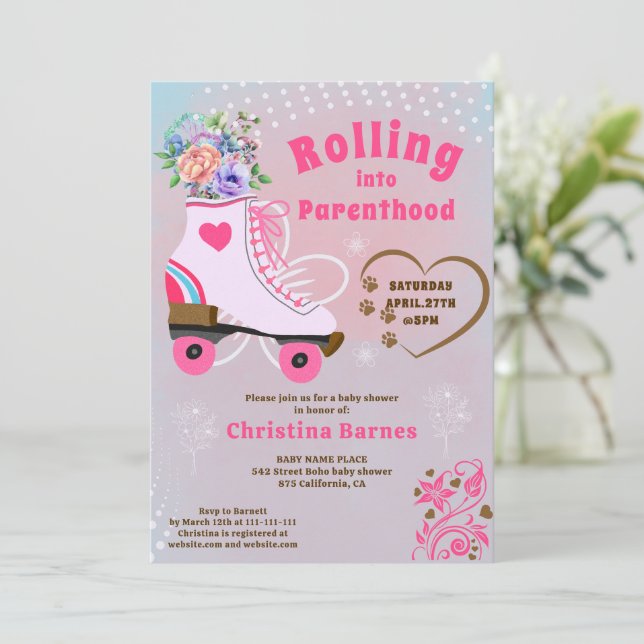 Invitación Festejo boho de baby shower con patines de ruedas  (Anverso de pie)