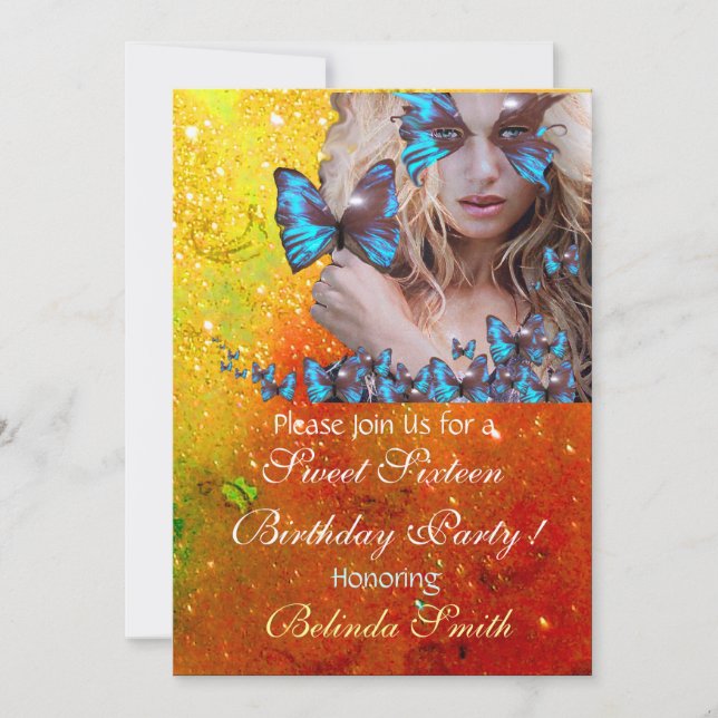 INVITACIÓN FESTEJO DE 16 AÑOS MARIPOSA AZUL MONOGRAMA, DORADO (Anverso)