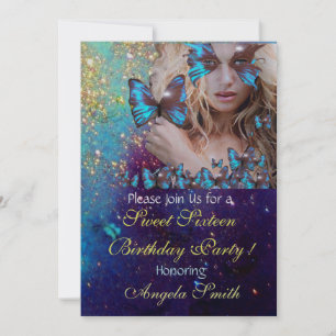 Invitación FESTEJO DE 16 AÑOS MARIPOSA AZUL MONOGRAMA Plata