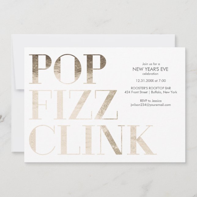 Invitación Festejo de Año Nuevo con Pop Fizz Clink y Hoja de  (Anverso)