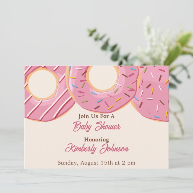 Invitación Festejo de Baby Shower con Donut Rosa (Anverso de pie)