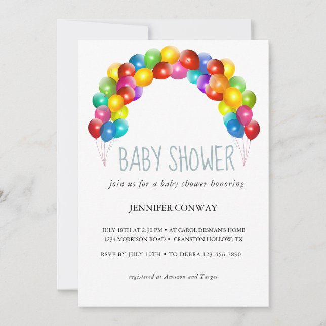 Invitación Festejo de Baby Shower con Globos de Arcoíris Pers (Anverso)
