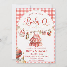 Invitación Festejo de Baby Shower con ropa de cuadros rojos e