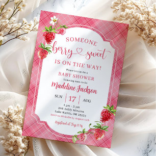 Invitación Festejo de Baby Shower de Niña Dulce Fresa Plaid R