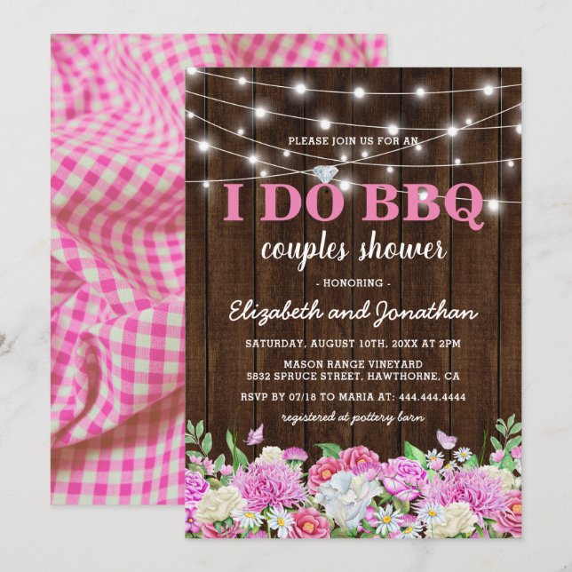 Invitación Festejo de Barbacoa para Parejas | Floral Rosa Rús (Anverso / Reverso)