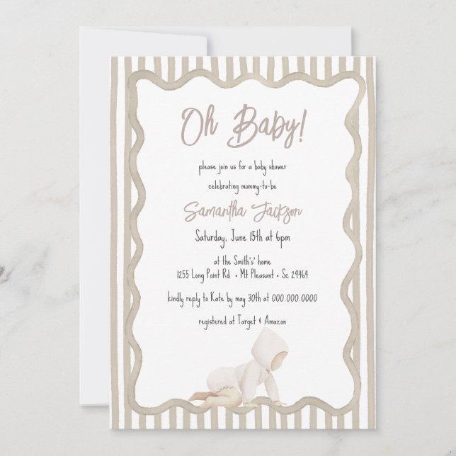 Invitación Festejo de Bebé Beige Neutral Caprichoso (Anverso)