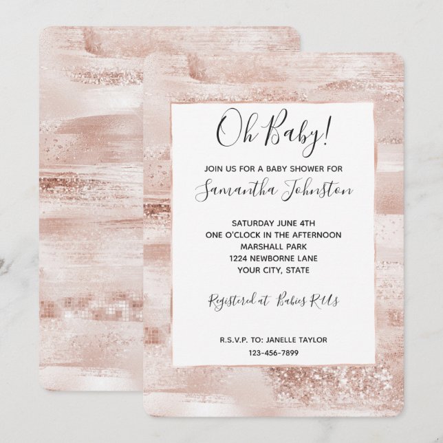 Invitación Festejo de Bebé Brillo Glitzy Rosa Rubor (Anverso / Reverso)