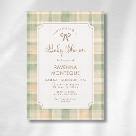Invitación Festejo de bebé con pajarita dorada y cuadros marr