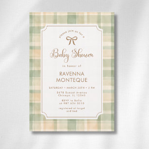 Invitación Festejo de bebé con pajarita dorada y cuadros marr