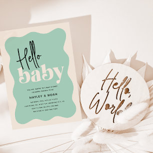 Invitación Festejo de Bebé Moderno Verde Menta y Crema Hello