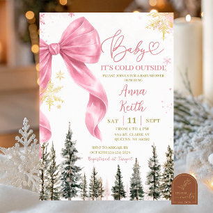 Invitación Festejo de Bebé Rosa Invernal con Lazo Caprichoso