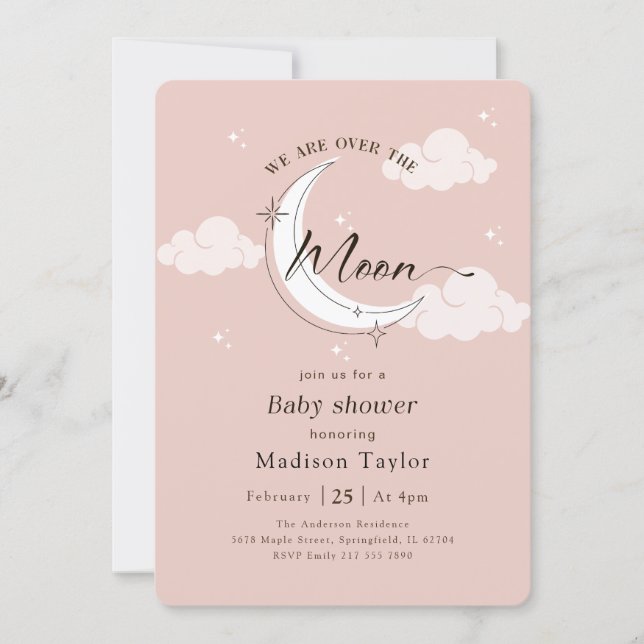 Invitación Festejo de Bebé Rosa Luna Caprichosa (Anverso)