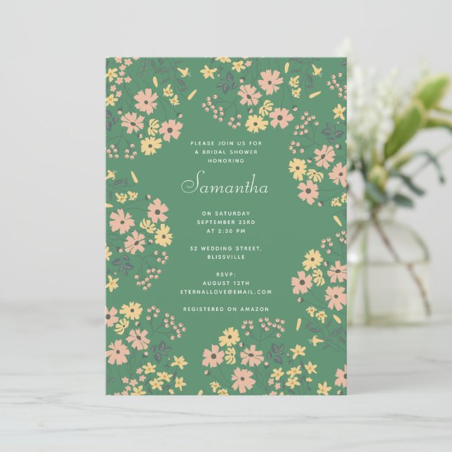 Invitación Festejo de Boda de Patrón Floral Verde Boho Modern (Anverso de pie)