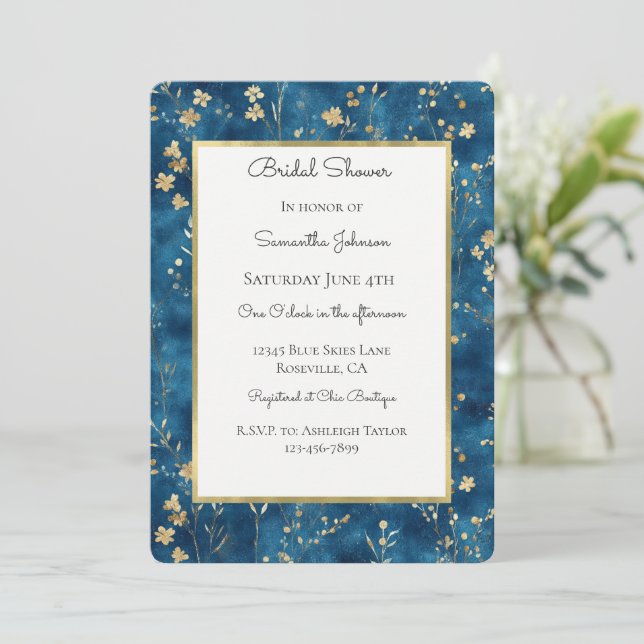 Invitación Festejo de Boda Flores Doradas Azules Lindas (Anverso de pie)