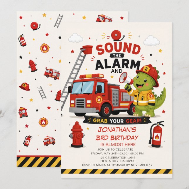 Invitación Festejo de Cumpleaños del Bombero Dinosaurio Tocan (Anverso / Reverso)