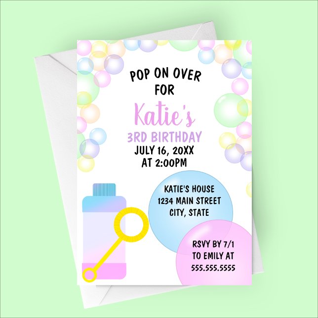 Invitación Festejo de Cumpleaños Infantil Ven a la Fiesta (Pop on Over | Bubbles Birthday Party Invitation | Spring or Summer Birthday)