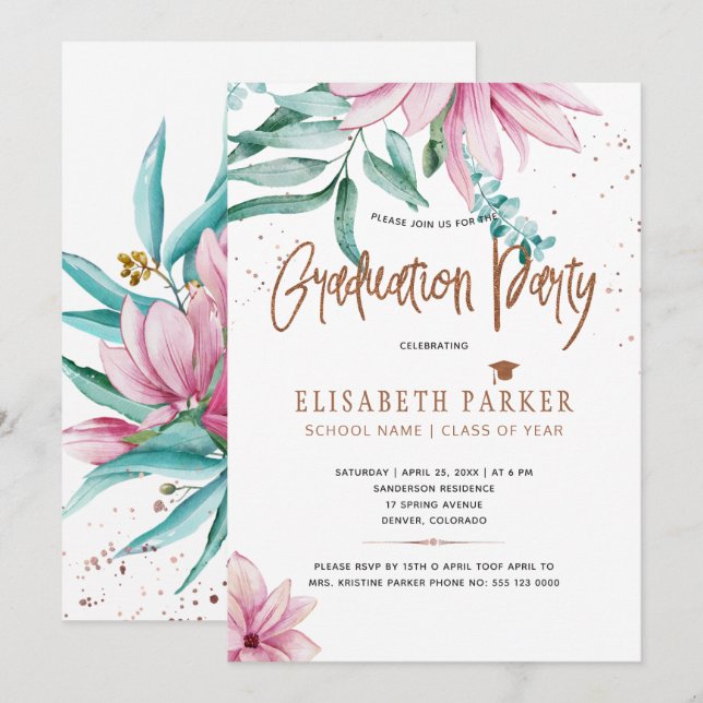 Invitación Festejo de graduación de purpurinas de cobre flora (Anverso / Reverso)