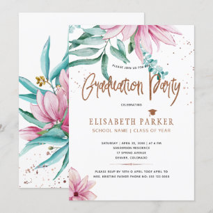 Invitación Festejo de graduación de purpurinas de cobre flora