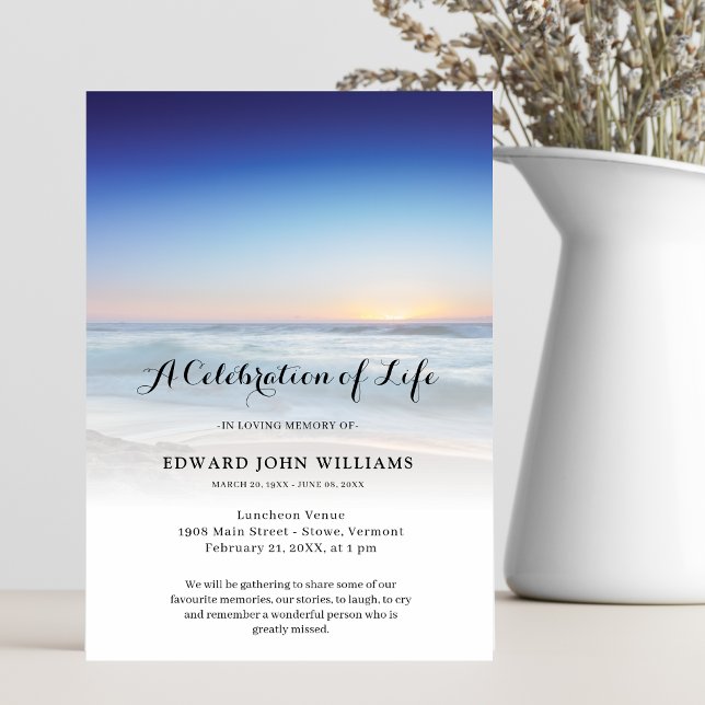 Invitación Festejo de la foto del océano de playa del funeral (Beach Celebration of Life Invitation)