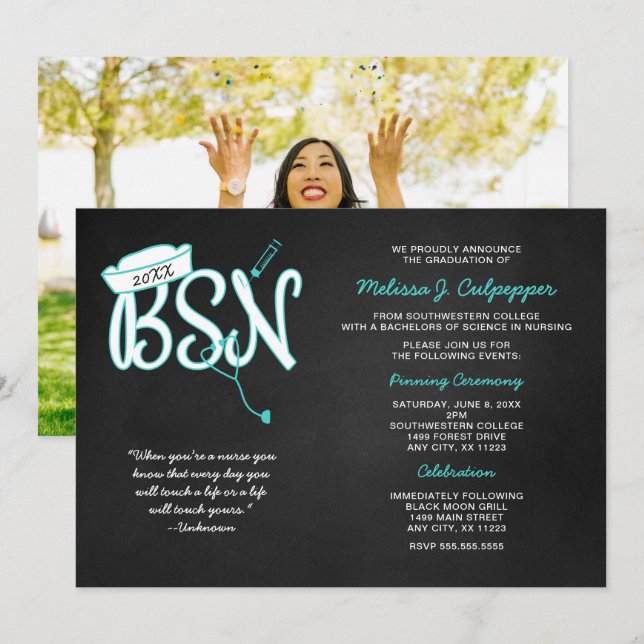 Invitación Festejo de la graduación fotográfica BSN, turquesa (Anverso / Reverso)