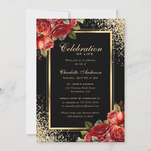 Invitación Festejo de la vida con rosas rojas de oro negro (Anverso)