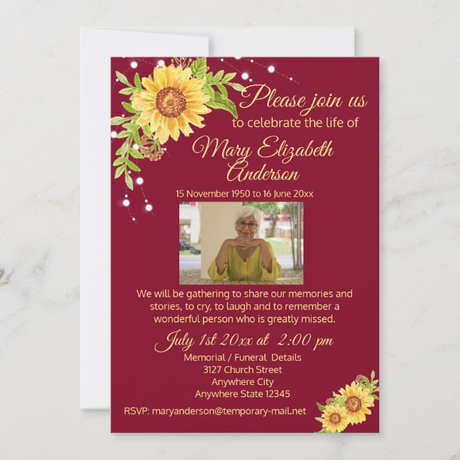 Invitación Festejo floral fúnebre de la vida foto borgoña (Anverso)