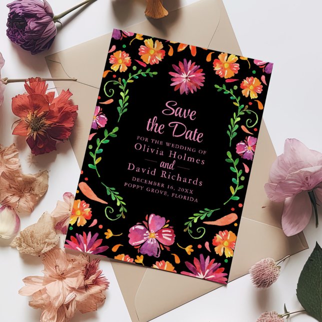 Invitación Festejo Floral Mexicano Negro - Salvar la Fecha (Black Mexican Floral Fiesta Save the Date Invitation on a wedding table with colorful flowers.)