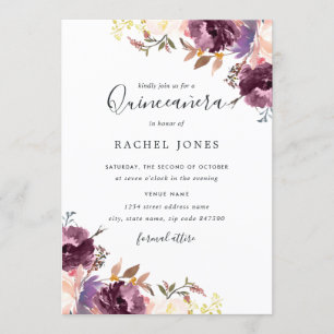 Invitación Festejo Floral Púrpura Acuarela Quinceañera