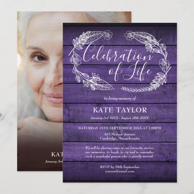 Invitación Festejo fúnebre de la vida en maderas púrpura. Fot (Anverso / Reverso)