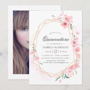 Invitación Festejo geométrico de quinceañera de flor de cerez