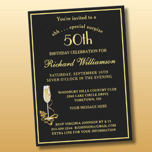 Invitación FESTEJO Sorpresa Cumpleaños 50 Elegante Negro Dora