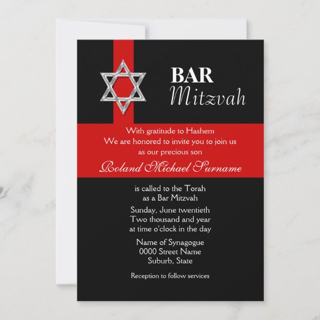 Invitación Festejos del bar negro rojo mitzvah (Anverso)