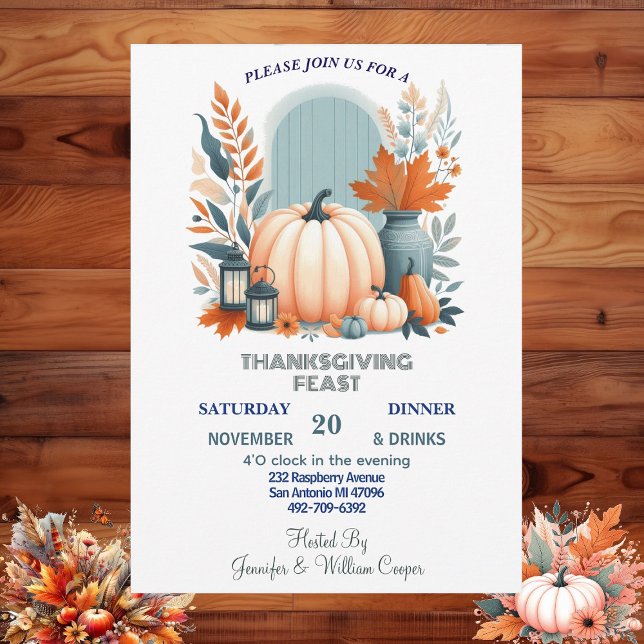 Invitación Festín de Acción de Gracias Boho Calabaza Leaf Aut (Boho Pumpkin Leaf Autumn Flora Thanksgiving Feast Invitation)