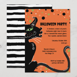 Invitación Festín de Halloween de Gato Negro Naranja espeluzn