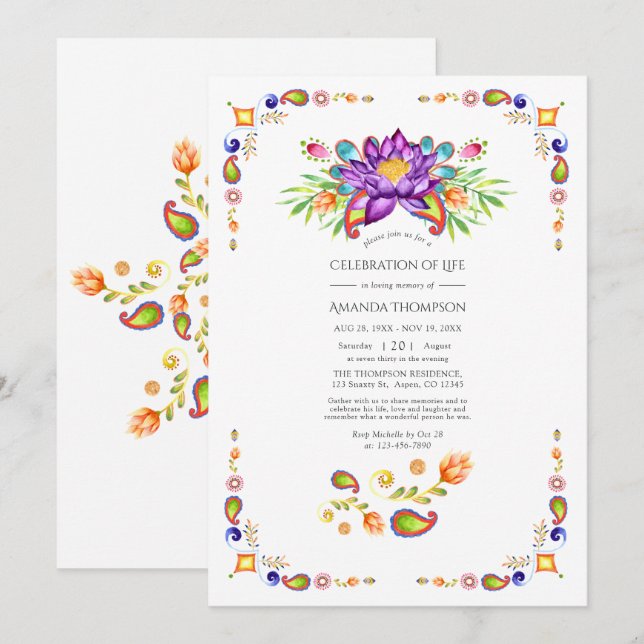 Invitación Festín floral Paisley celebración de la vida en In (Anverso / Reverso)