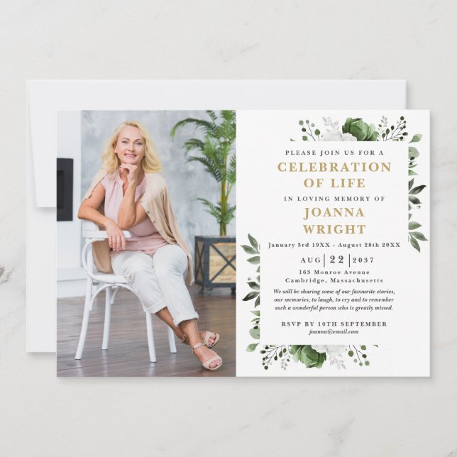 Invitación Festín Floral Verde De La Foto Del Funeral De La V (Anverso)