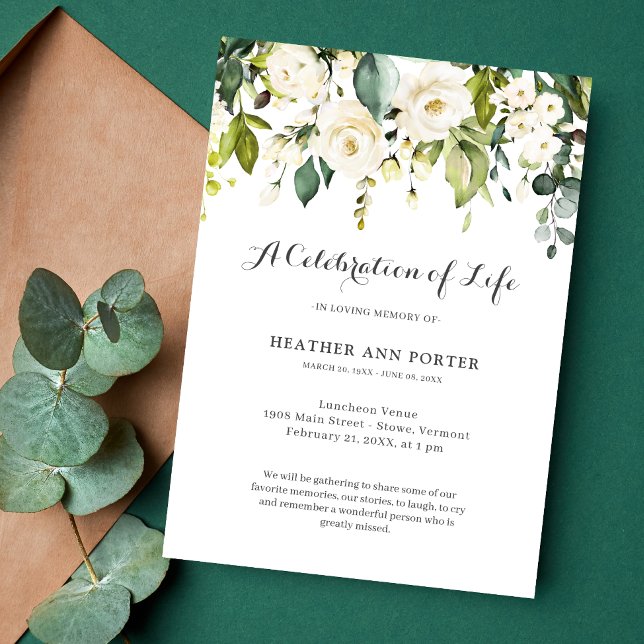 Invitación Festín floral verde elegante celebración del funer (Floral Celebration of Life Invitation)