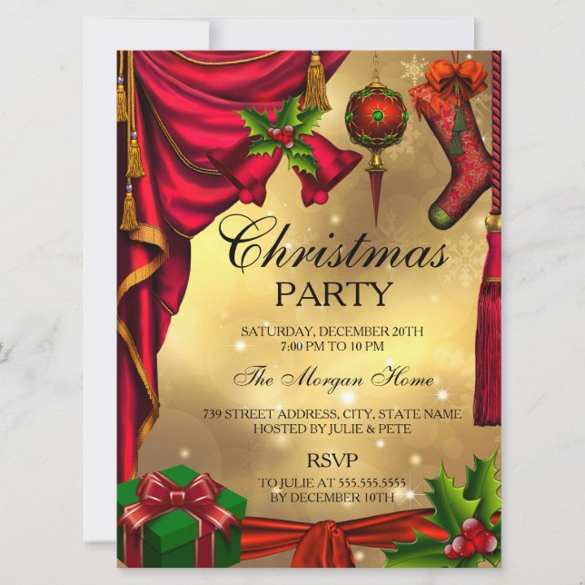 Invitación festiva de Navidad con Rojo Verde y Dor (Anverso)