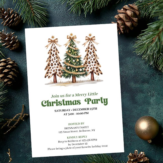 Invitación festiva de vacaciones con leopardo y ár (Festive leopard and gold tree holiday invitation)