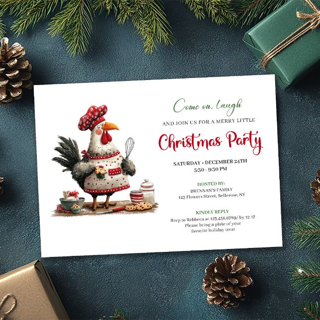 Invitación Festiva de Vacaciones de Pollo con Acua (Quirky Watercolor Chickens Festive Holiday Invitation)