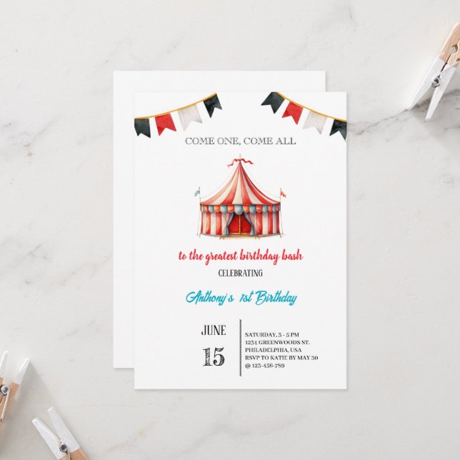 Invitación festival de circo de cumpleaños de acuarela (Anverso/Reverso In Situ)