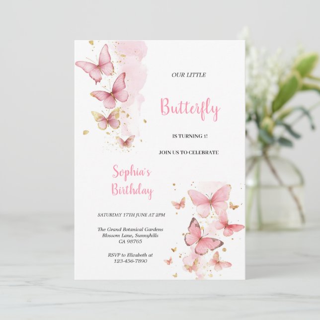 INVITACIÓN FESTIVAL DE CUMPLEAÑOS DE MARIPOSAS ROSADAS Y DORA (Anverso de pie)