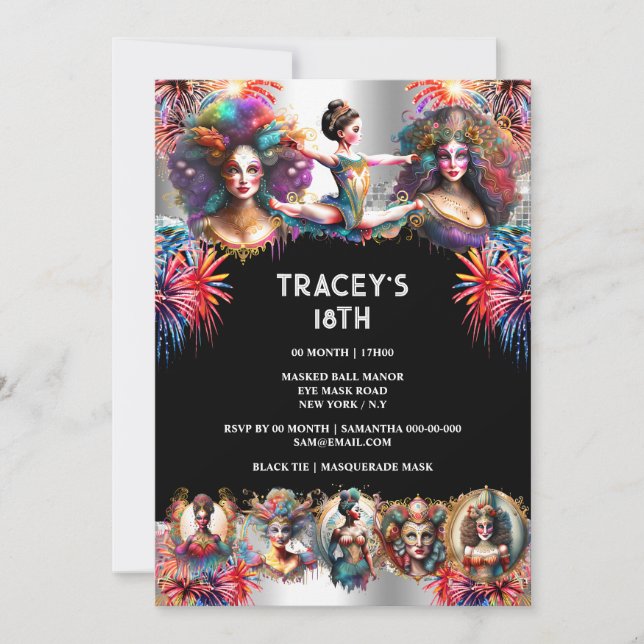 Invitación Festival de fuegos artificiales de carnaval damas  (Anverso)