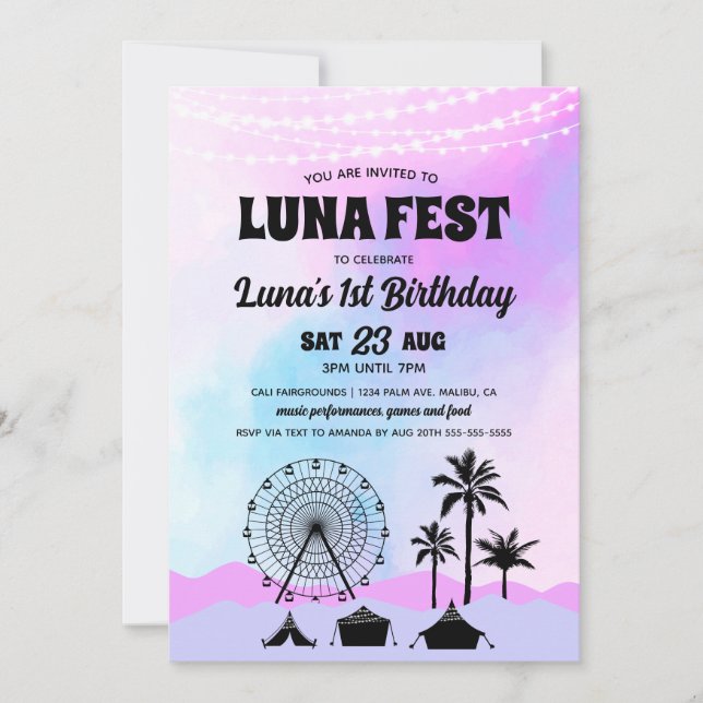 Invitación Festival de Música Azul y Púrpura Cumpleaños (Anverso)