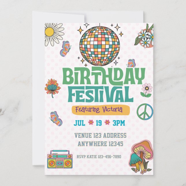 Invitación Festival del Cumpleaños de la Era Retro (Anverso)