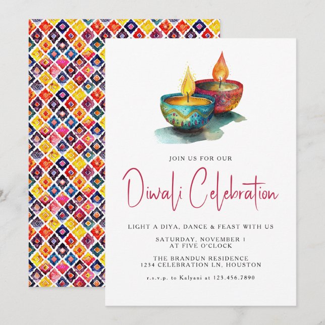 Invitación Festival Diwali de acuarela moderna (Anverso / Reverso)