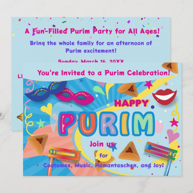 Invitación Festival Feliz Purim 2026 (Anverso / Reverso)